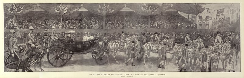 Der Diamant-Jubiläumszug, Panoramablick auf die Equipage der Königin von William Hatherell