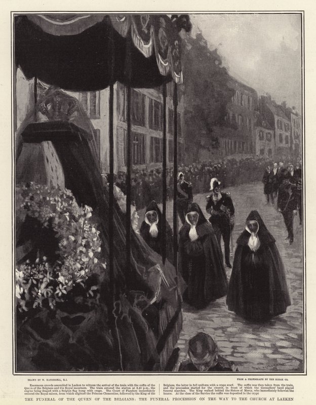 Das Begräbnis der Königin der Belgier, der Trauerzug auf dem Weg zur Kirche in Laeken von William Hatherell