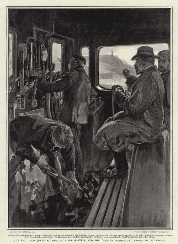 Der König und die Königin in Schottland, Seine Majestät und der Herzog von Sutherland auf einer Lokomotive von William Hatherell
