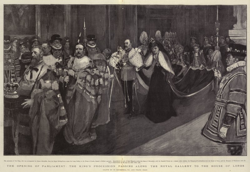 Die Eröffnung des Parlaments, die Prozession des Königs durch die Königliche Galerie zum House of Lords von William Hatherell
