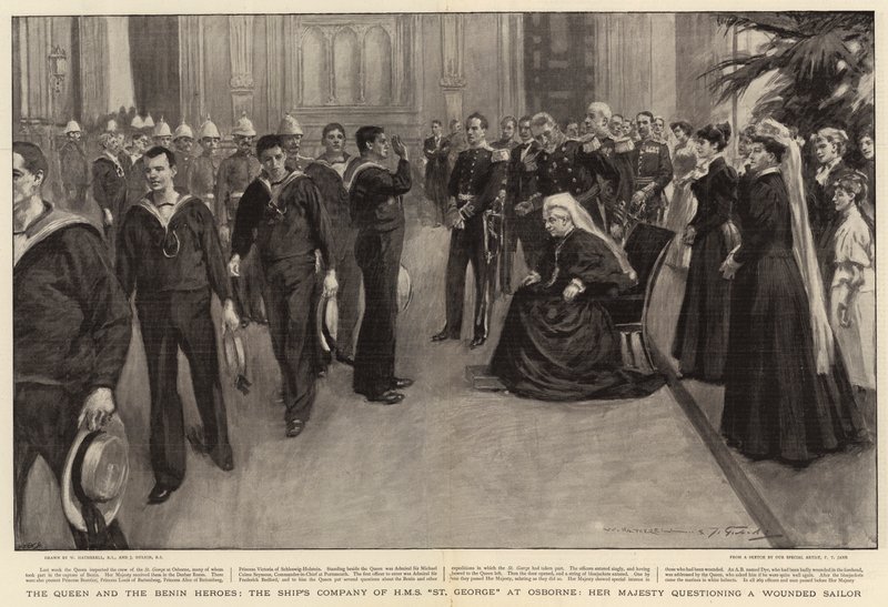 Die Königin und die Benin-Helden, die Schiffsbesatzung der H.M.S. St. George in Osborne, Ihre Majestät befragt einen verwundeten Matrosen von William Hatherell