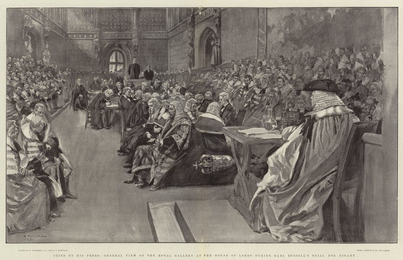 Vor seinen Standesgenossen verurteilt, Gesamtansicht der Königlichen Galerie im House of Lords während des Prozesses von Earl Russell wegen Bigamie von William Hatherell