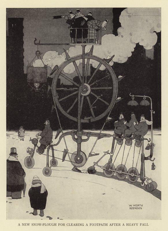 Ein neuer Schneepflug zum Räumen eines Gehwegs nach starkem Schneefall von William Heath Robinson