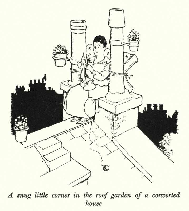 Eine gemütliche Ecke im Dachgarten eines umgebauten Hauses von William Heath Robinson