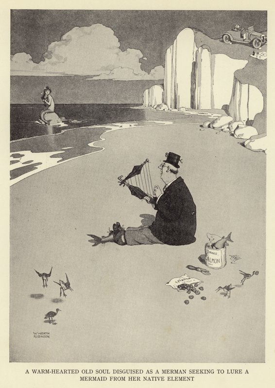 Ein warmherziger alter Seemann, verkleidet als Meermann, der versucht, eine Meerjungfrau aus ihrem Element zu locken von William Heath Robinson