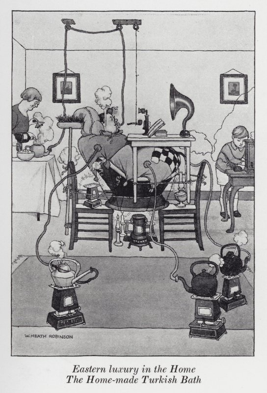 Östlicher Luxus im Heim, das selbstgemachte türkische Bad (Lithografie) von William Heath Robinson