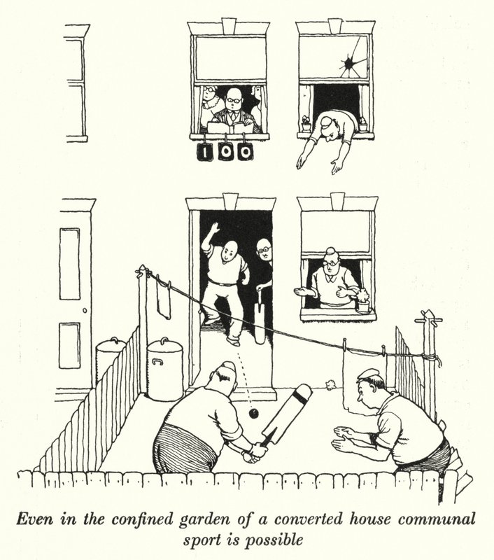 Selbst im begrenzten Garten eines umgebauten Hauses ist Gemeinschaftssport möglich (Lithografie) von William Heath Robinson