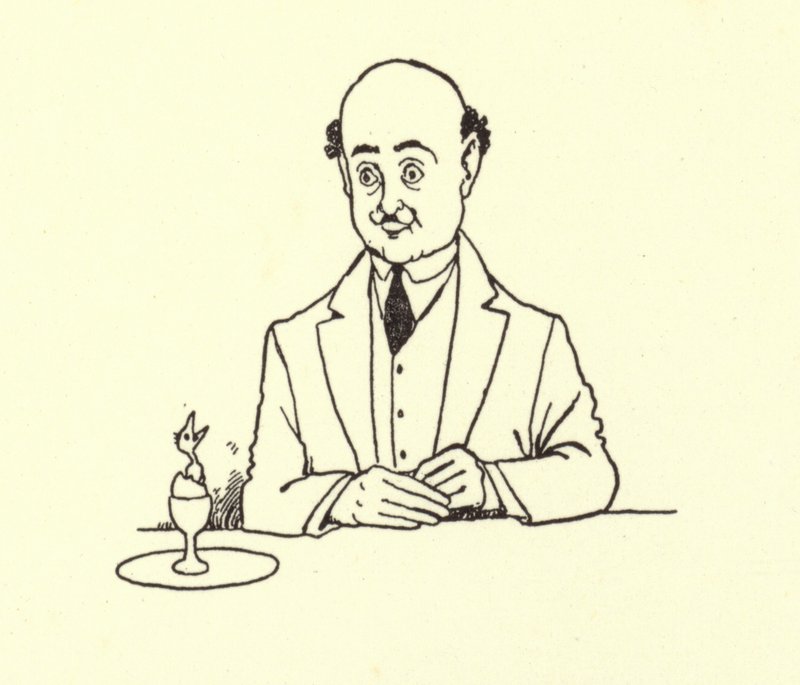 Mann überrascht von einem Vogel in seinem Frühstücksei von William Heath Robinson