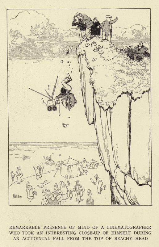 Bemerkenswerte Geistesgegenwart eines Kameramanns, der während eines versehentlichen Sturzes von der Spitze von Beachy Head eine interessante Nahaufnahme von sich selbst machte von William Heath Robinson