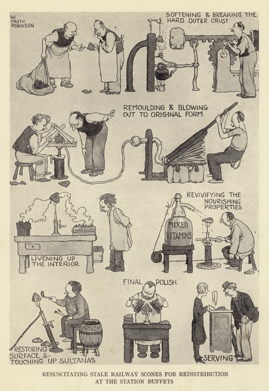 Wiederbelebung abgestandener Eisenbahnscones zur Umverteilung in den Bahnhofsbuffets von William Heath Robinson