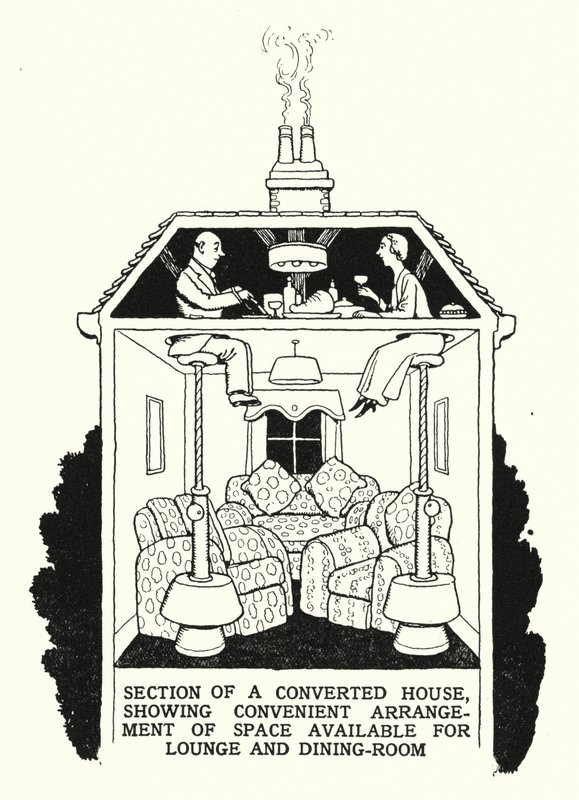 Abschnitt eines umgebauten Hauses, der die praktische Anordnung des verfügbaren Raums für Lounge und Esszimmer zeigt (Lithografie) von William Heath Robinson