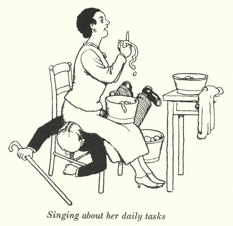 Über ihre täglichen Aufgaben singen (Lithografie) von William Heath Robinson