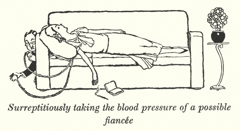 Heimlich den Blutdruck einer möglichen Verlobten messen (Litho) von William Heath Robinson