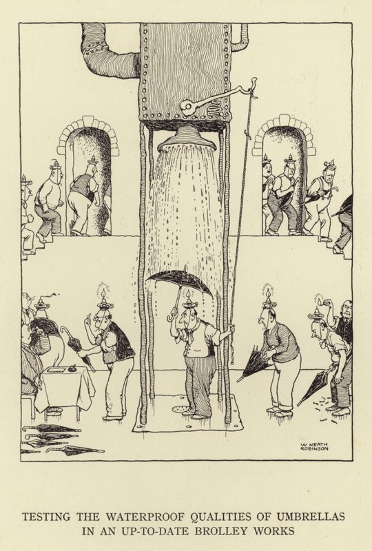 Testen der wasserdichten Eigenschaften von Regenschirmen in einer modernen Brolley-Werkstatt von William Heath Robinson