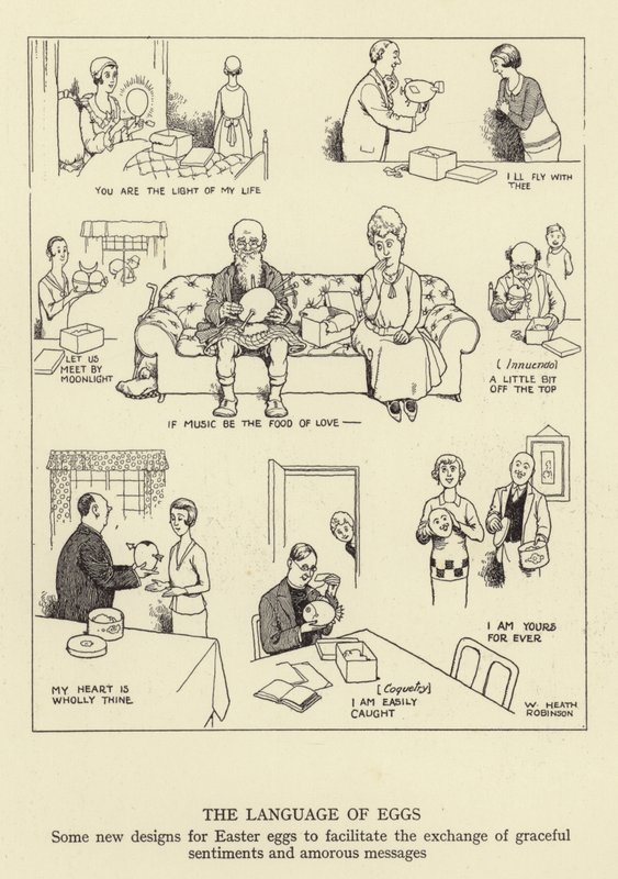 Die Sprache der Eier, einige neue Designs für Ostereier zur Erleichterung des Austauschs von anmutigen Gefühlen und amourösen Botschaften von William Heath Robinson