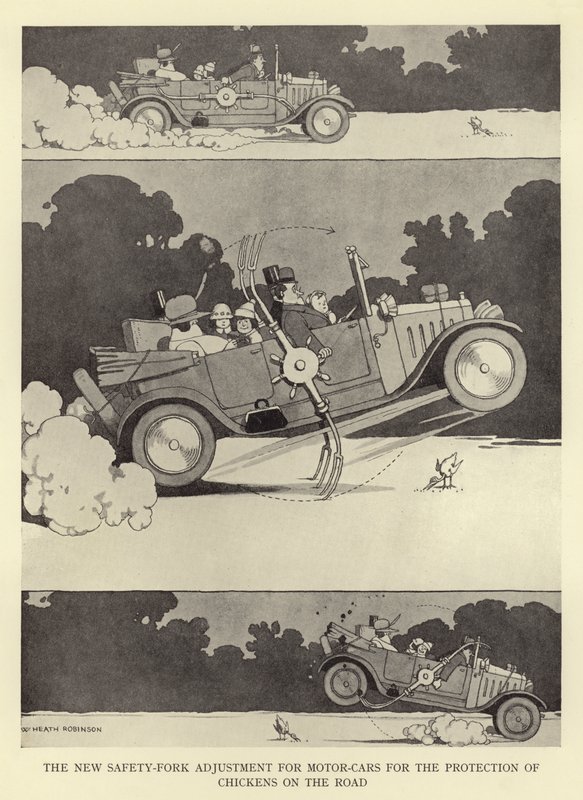 Die neue Sicherheitsgabel-Einstellung für Autos zum Schutz von Hühnern auf der Straße von William Heath Robinson