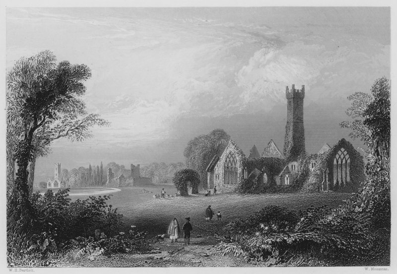 Augustinerabtei, Adare, mit der Burg der Fitzgeralds und der Franziskanerabtei (Stich) von William Henry (after) Bartlett