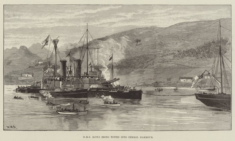 HMS Howe wird in den Hafen von Ferrol geschleppt von William Heysham Overend