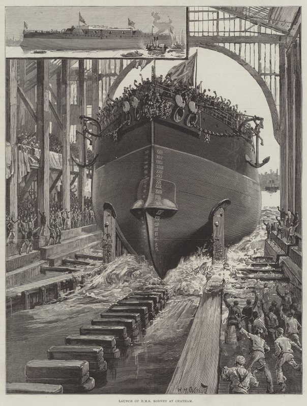 Stapellauf der HMS Rodney in Chatham von William Heysham Overend