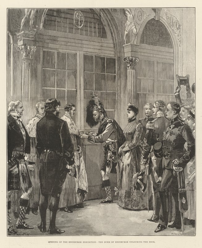 Eröffnung der Edinburgh-Ausstellung, der Herzog von Edinburgh schließt die Tür auf von William Heysham Overend