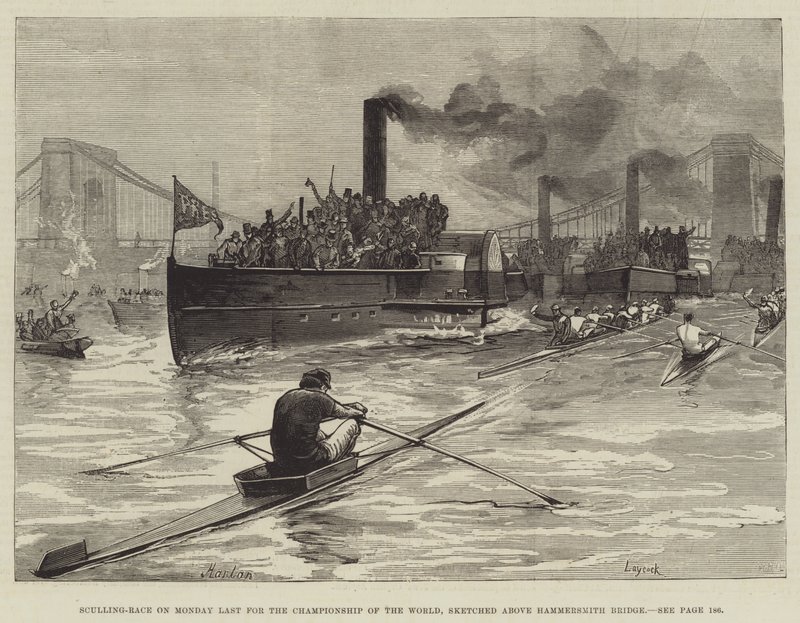 Ruderwettkampf am Montag für die Weltmeisterschaft, skizziert über der Hammersmith-Brücke von William Heysham Overend