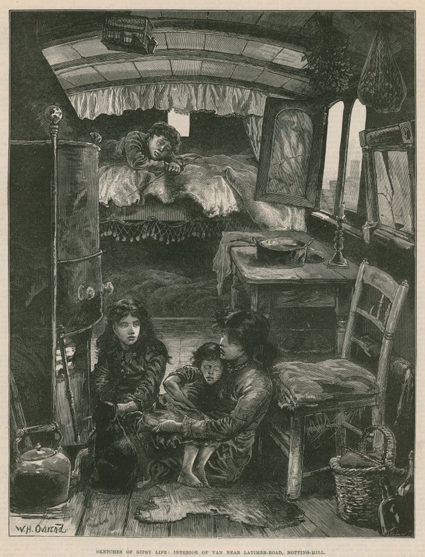 Skizzen des Zigeunerlebens; Innenansicht eines Wagens in der Nähe der Latimer Road, Notting Hill (Gravur) von William Heysham Overend