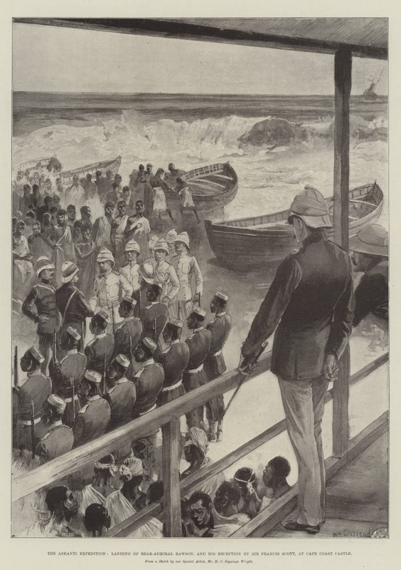Die Ashanti-Expedition, Landung von Konteradmiral Rawson und seine Begrüßung durch Sir Francis Scott am Cape Coast Castle von William Heysham Overend