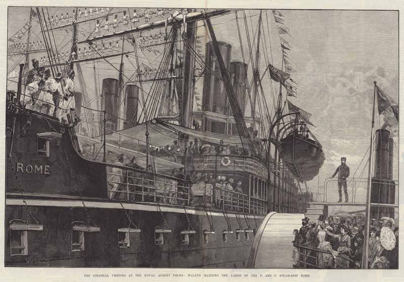 Die Kolonialbesucher an den Royal Albert Docks, Malaien bemannen die Masten des P und O Dampfschiffs Rom von William Heysham Overend