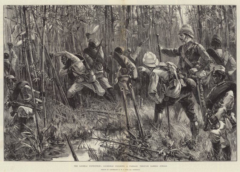 Die Looshai-Expedition, Goorkhas räumen einen Durchgang durch den Bambusdschungel von William Heysham Overend