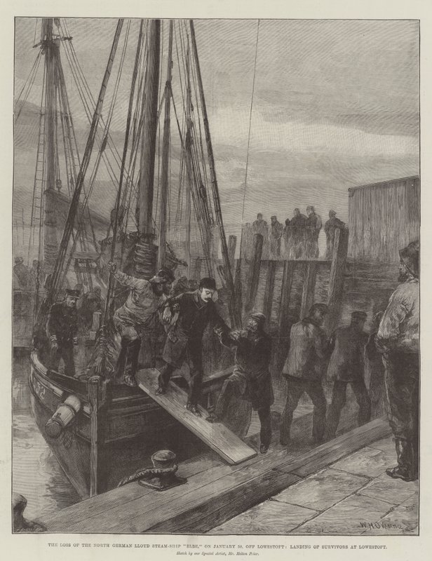 Der Verlust des Norddeutschen Lloyd-Dampfschiffs Elbe am 30. Januar vor Lowestoft, Landung der Überlebenden in Lowestoft von William Heysham Overend