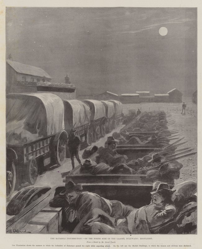 Der Matabili-Aufstand, auf der Nordseite des Lagers, Buluwayo, Mondlicht von William Heysham Overend