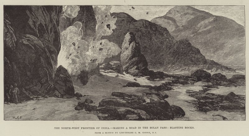 Die Nordwestgrenze Indiens, Straßenbau im Bolan-Pass, Sprengung von Felsen von William Heysham Overend