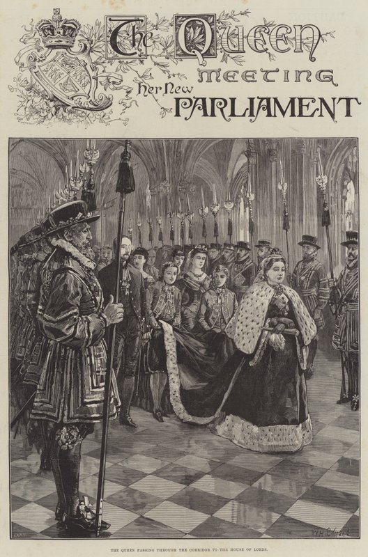 Die Königin trifft ihr neues Parlament, durch den Korridor zum House of Lords gehend von William Heysham Overend
