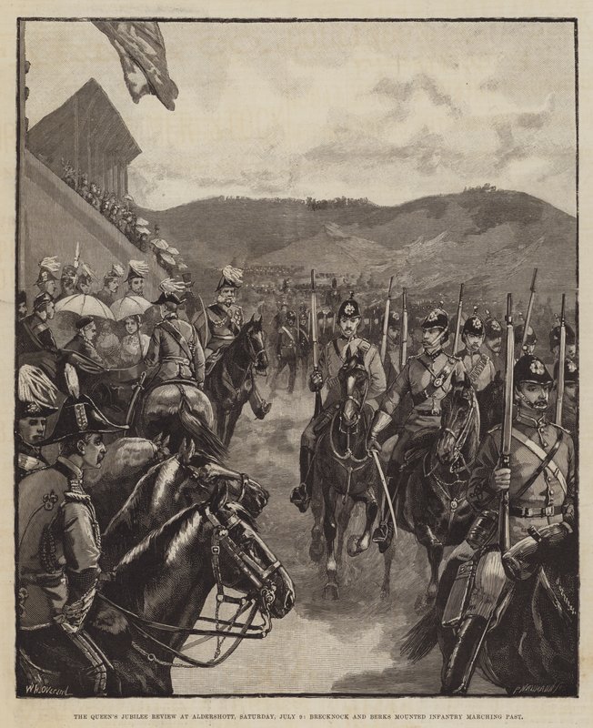 Die Jubiläumsparade der Königin in Aldershott, Samstag, 9. Juli, Brecknock und Berks berittene Infanterie marschiert vorbei von William Heysham Overend