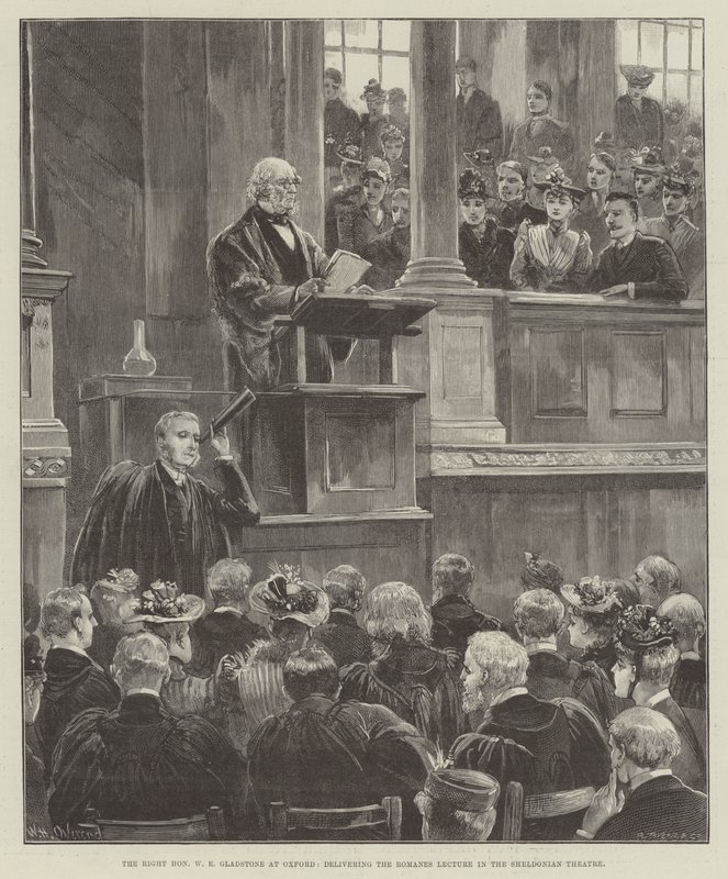 Der ehrenwerte W. E. Gladstone in Oxford, hält die Romanes Lecture im Sheldonian Theatre von William Heysham Overend
