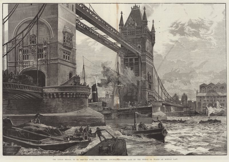 Der Tower Bridge, die über die Themse errichtet werden soll, Grundsteinlegung durch den Prinzen von Wales am letzten Montag von William Heysham Overend