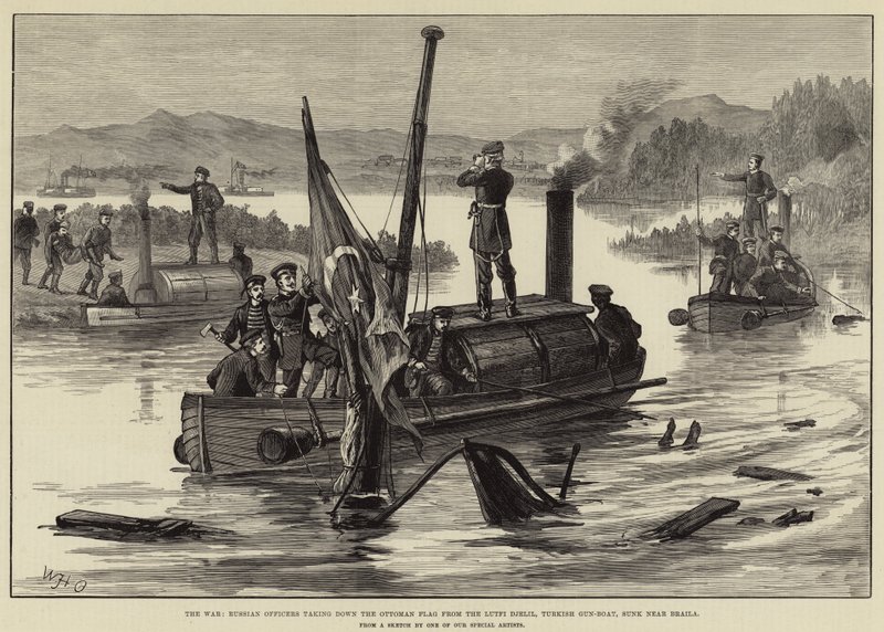 Der Krieg, russische Offiziere nehmen die osmanische Flagge von der Lutfi Djelil, türkisches Kanonenboot, das in der Nähe von Braila gesunken ist, herunter von William Heysham Overend