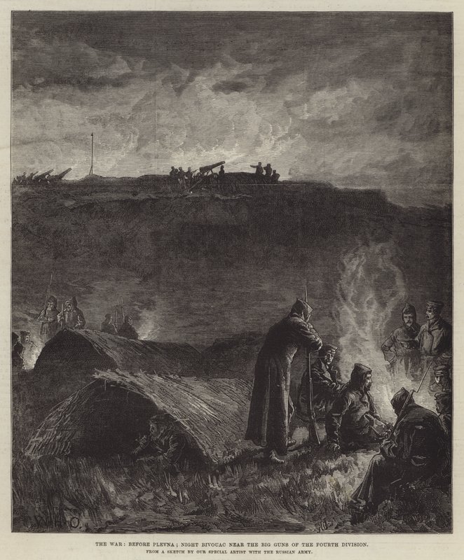 Der Krieg, vor Plewna; Nachtlager in der Nähe der großen Kanonen der vierten Division von William Heysham Overend