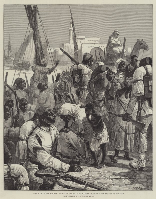 Der Krieg im Sudan, Schwarze Truppen verlassen Massowah, um sich den Streitkräften in Souakim anzuschließen von William Heysham Overend