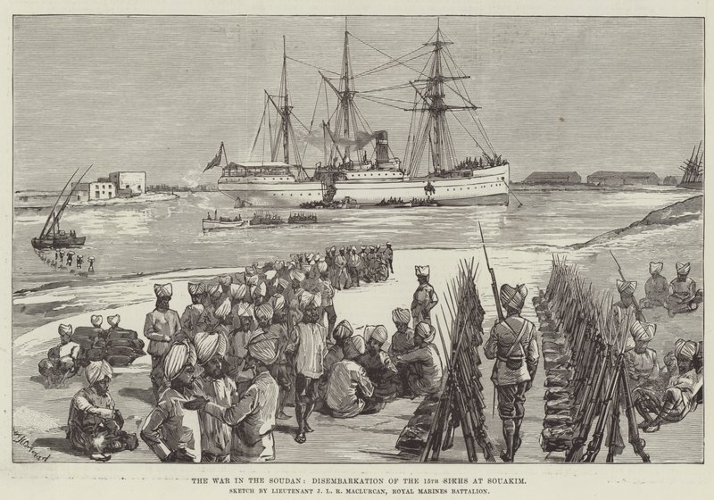 Der Krieg im Sudan, Ausschiffung der 15. Sikhs in Souakim von William Heysham Overend