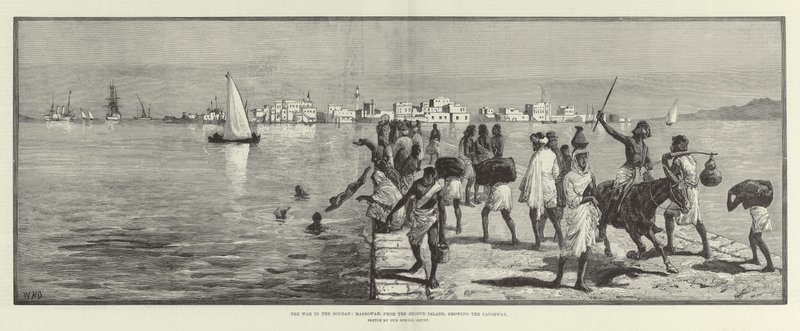 Der Krieg im Sudan, Massowah, von der zweiten Insel, zeigt den Damm von William Heysham Overend