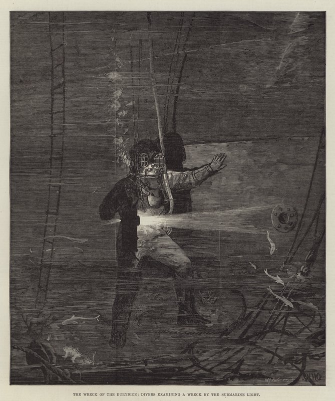 Das Wrack der Eurydice, Taucher untersuchen ein Wrack im Unterwasserlicht von William Heysham Overend