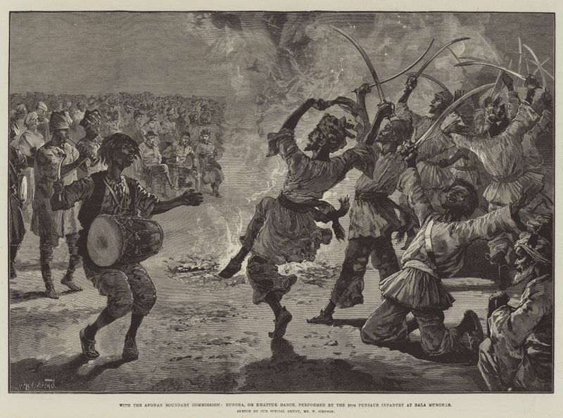 Mit der Afghanischen Grenzkommission, Bungra oder Khattuk-Tanz, aufgeführt von der 20. Punjaub-Infanterie in Bala Murghab von William Heysham Overend