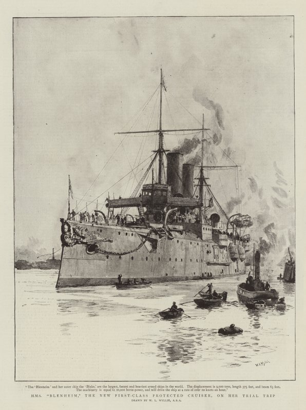 HMS Blenheim, der neue erstklassige geschützte Kreuzer, auf ihrer Probefahrt von William Lionel Wyllie