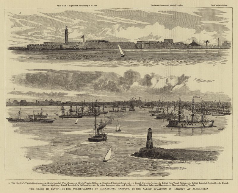 Die Krise in Ägypten, die Befestigungen des Hafens von Alexandria, das alliierte Geschwader im Hafen von Alexandria von William Lionel Wyllie