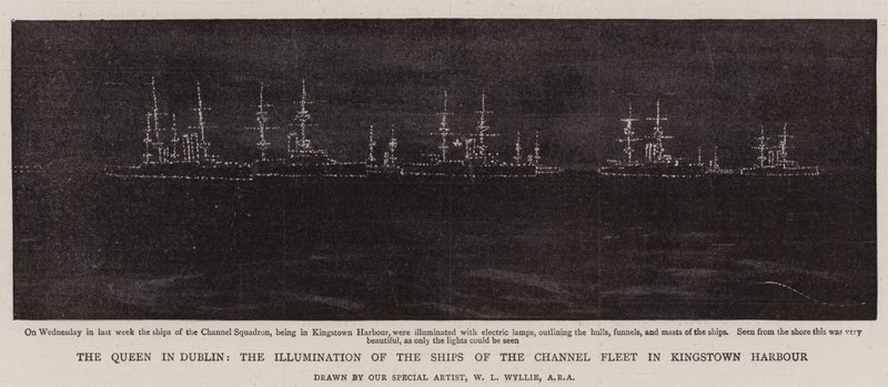 Die Königin in Dublin, die Beleuchtung der Schiffe der Kanalflotte im Hafen von Kingstown von William Lionel Wyllie