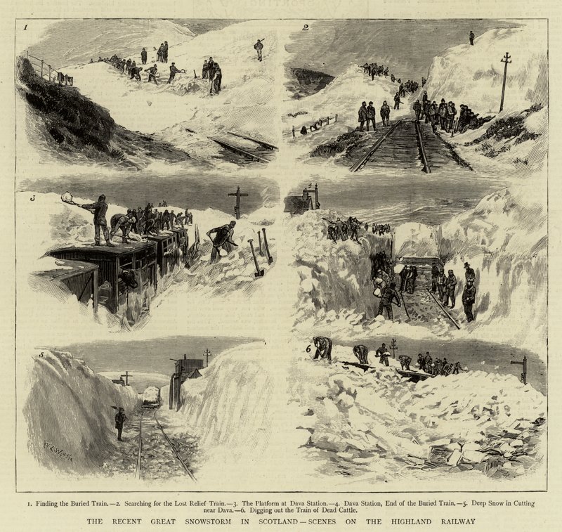 Der kürzliche große Schneesturm in Schottland, Szenen auf der Highland Railway von William Lionel Wyllie