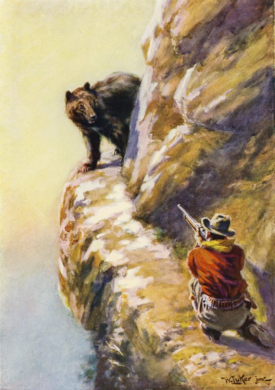 Konfrontation zwischen einem Mann und einem Bären auf einem schmalen Bergvorsprung von William Luker