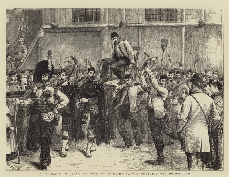 Hochzeit eines Hochlandsoldaten auf Stirling Castle, der Bräutigam wird auf einem Stuhl getragen von William Ralston