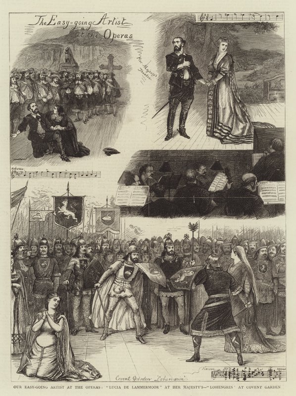 Unser gemütlicher Künstler bei den Opern, Lucia de Lammermoor bei Ihrer Majestät, Lohengrin im Covent Garden von William Ralston